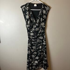 Vintage Y2K Black Floral Midi Dress Ruched Waist Sleeveless Romantic Soft Goth S